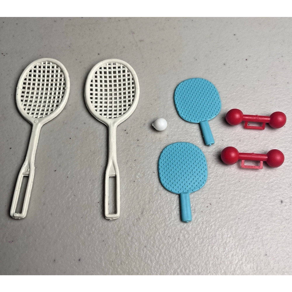 Vintage Barbie Ken Doll Sports Equipment Tennis Ball Ping Pong Paddles Weights
